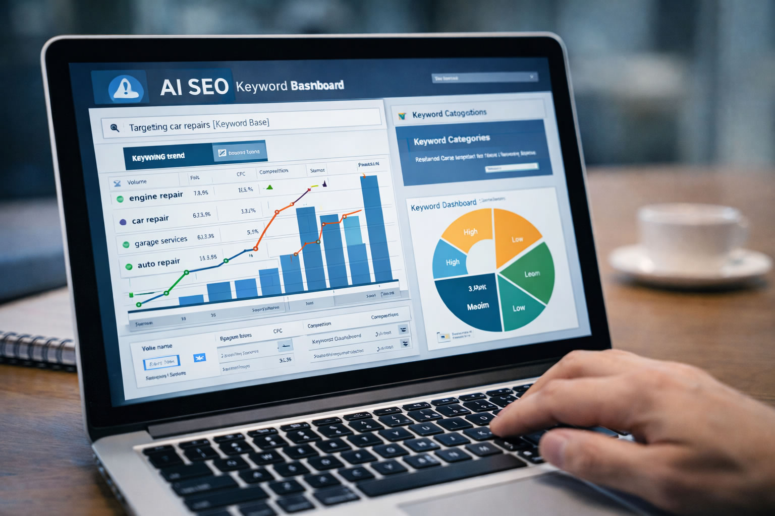 AI SEO software dashboard with keyword analytics on laptop